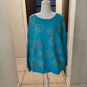 Bucket list aqua French Terry  sweatshirt with orange flower print size lg